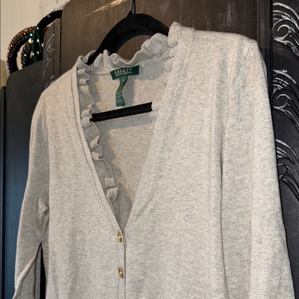Ralph Lauren Gray Cardigan Sweater Classic Knit - Picture 2 of 15